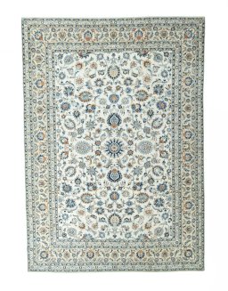 Full view of 2000s Kashan rug from Iran / Persia, 417 × 297 cm in Beige tones
