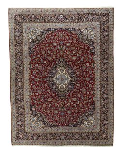 Full view of New Kashan rug from Iran / Persia, 402 × 304 cm in Red tones