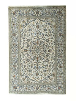 Full view of 2000s Kashan rug from Iran / Persia, 297 × 195 cm in Beige tones
