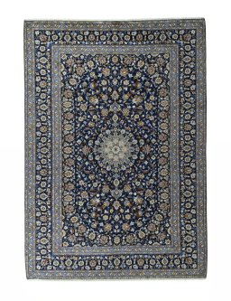 Full view of 2000s Kashan rug from Iran / Persia, 380 × 268 cm in Blue tones