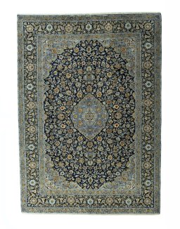 Full view of 2000s Kashan rug from Iran / Persia, 407 × 292 cm in Blue tones