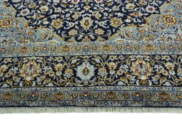 Full view of 2000s Kashan rug from Iran / Persia, 407 × 292 cm in Blue tones