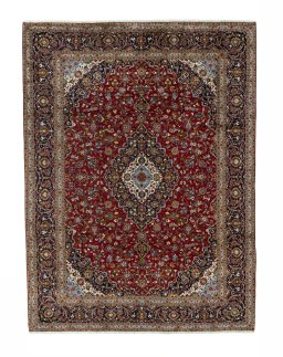 Full view of 2000s Kashan rug from Iran / Persia, 400 × 300 cm in Red tones