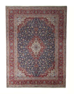 Full view of 2000s Kashan rug from Iran / Persia, 400 × 300 cm in Blue tones