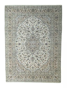 Full view of 2000s Kashan rug from Iran / Persia, 408 × 300 cm in Beige tones