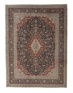 Full view of 2000s Kashan rug from Iran / Persia, 412 × 309 cm in Blue tones