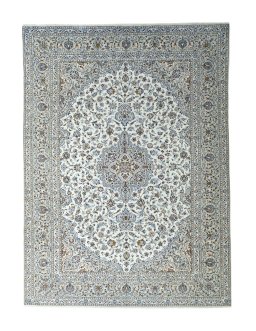 Full view of 2000s Kashan rug from Iran / Persia, 405 × 298 cm in Beige tones