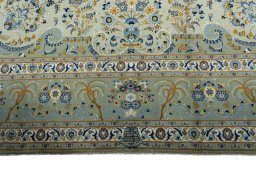 Full view of 2000s Kashan rug from Iran / Persia, 412 × 306 cm in Green tones