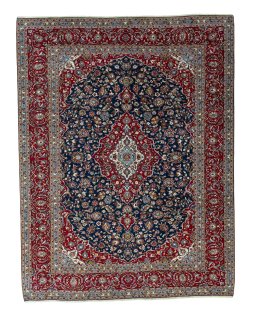 Full view of 2000s Kashan rug from Iran / Persia, 405 × 311 cm in Blue tones
