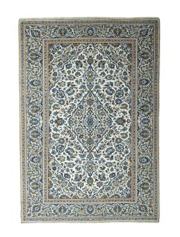 Full view of 2000s Kashan rug from Iran / Persia, 358 × 246 cm in Beige tones