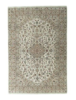 Full view of 2000s Kashan rug from Iran / Persia, 295 × 201 cm in Beige tones