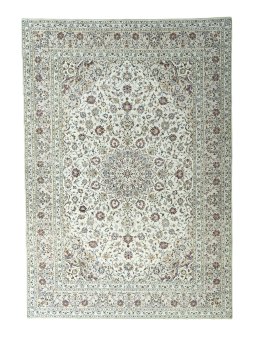 Full view of 2000s Kashan rug from Iran / Persia, 355 × 248 cm in Beige tones
