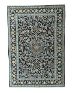 Full view of 2000s Kashan rug from Iran / Persia, 380 × 265 cm in Blue tones