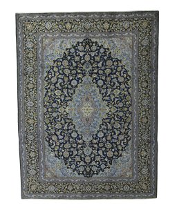 Full view of 1970s Kashan rug from Iran / Persia, 400 × 300 cm in Blue tones