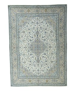 Full view of 2000s Kashan rug from Iran / Persia, 423 × 303 cm in Beige tones