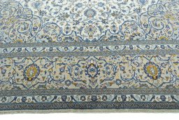 Full view of 2000s Kashan rug from Iran / Persia, 423 × 303 cm in Beige tones