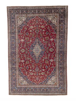 Full view of 1950s Kashan rug from Iran / Persia, 366 × 243 cm in Red tones