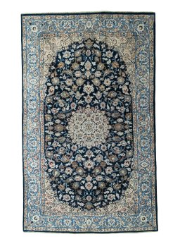 Full view of 1970s Kashan rug from Iran / Persia, 356 × 217 cm in Blue tones
