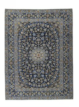 Full view of 2000s Kashan rug from Iran / Persia, 385 × 293 cm in Blue tones
