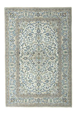 Full view of 2000s Kashan rug from Iran / Persia, 295 × 200 cm in Beige tones