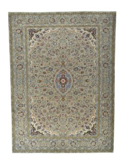 Full view of 2000s Kashan rug from Iran / Persia, 405 × 300 cm in Beige tones