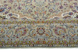 Full view of 2000s Kashan rug from Iran / Persia, 405 × 300 cm in Beige tones