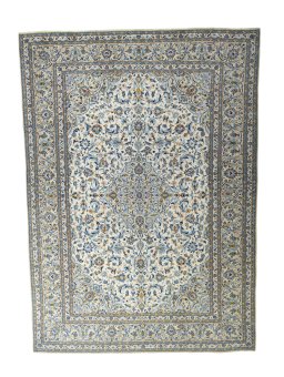 Full view of 2000s Kashan rug from Iran / Persia, 415 × 300 cm in Beige tones