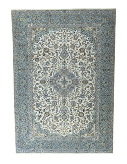 Full view of 2000s Kashan rug from Iran / Persia, 400 × 280 cm in Beige tones