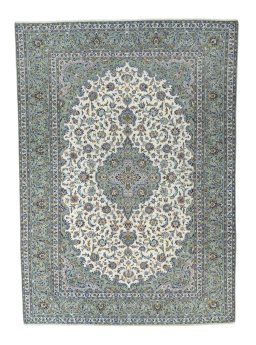 Full view of 2000s Kashan rug from Iran / Persia, 420 × 300 cm in Beige tones