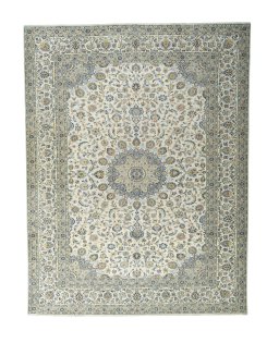 Full view of 2000s Kashan rug from Iran / Persia, 387 × 297 cm in Beige tones