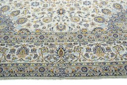 Full view of 2000s Kashan rug from Iran / Persia, 387 × 297 cm in Beige tones