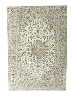 Full view of 2000s Kashan rug from Iran / Persia, 353 × 253 cm in Beige tones
