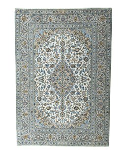 Full view of 2000s Kashan rug from Iran / Persia, 350 × 245 cm in Beige tones
