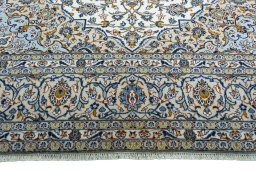 Full view of 2000s Kashan rug from Iran / Persia, 350 × 245 cm in Beige tones
