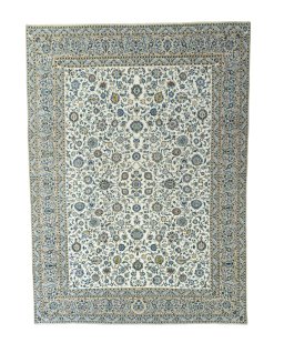 Full view of 2000s Kashan rug from Iran / Persia, 411 × 301 cm in Beige tones