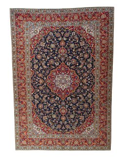 Full view of 2000s Kashan rug from Iran / Persia, 434 × 305 cm in Blue tones