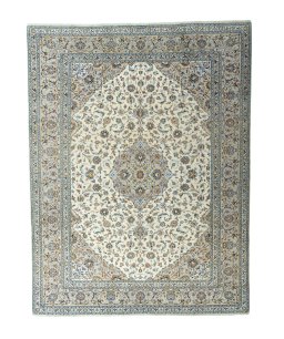 Full view of 2000s Kashan rug from Iran / Persia, 390 × 298 cm in Beige tones
