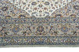 Full view of 2000s Kashan rug from Iran / Persia, 390 × 298 cm in Beige tones