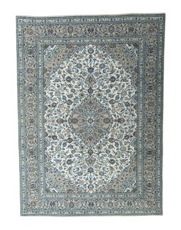 Full view of 2000s Kashan rug from Iran / Persia, 407 × 296 cm in Beige tones