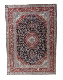 Full view of 2000s Kashan rug from Iran / Persia, 402 × 290 cm in Blue tones