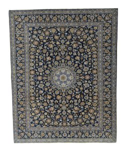 Full view of 2000s Kashan rug from Iran / Persia, 403 × 320 cm in Blue tones