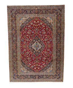 Full view of 2000s Kashan rug from Iran / Persia, 362 × 263 cm in Red tones