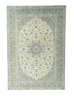 Full view of 2000s Kashan rug from Iran / Persia, 364 × 253 cm in Beige tones
