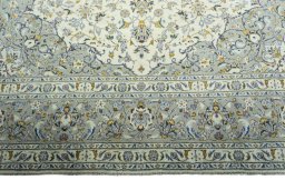 Full view of 2000s Kashan rug from Iran / Persia, 364 × 253 cm in Beige tones