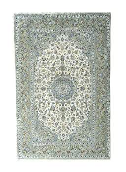 Full view of 2000s Kashan rug from Iran / Persia, 308 × 201 cm in Beige tones