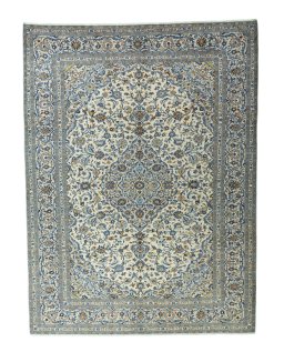 Full view of 2000s Kashan rug from Iran / Persia, 401 × 301 cm in Beige tones