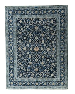 Full view of 2000s Kashan rug from Iran / Persia, 410 × 308 cm in Blue tones