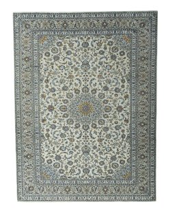 Full view of 2000s Kashan rug from Iran / Persia, 400 × 301 cm in Beige tones