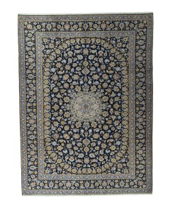 Full view of 1970s Kashan rug from Iran / Persia, 380 × 283 cm in Blue tones