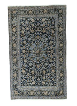 Full view of 2000s Kashan rug from Iran / Persia, 346 × 214 cm in Blue tones